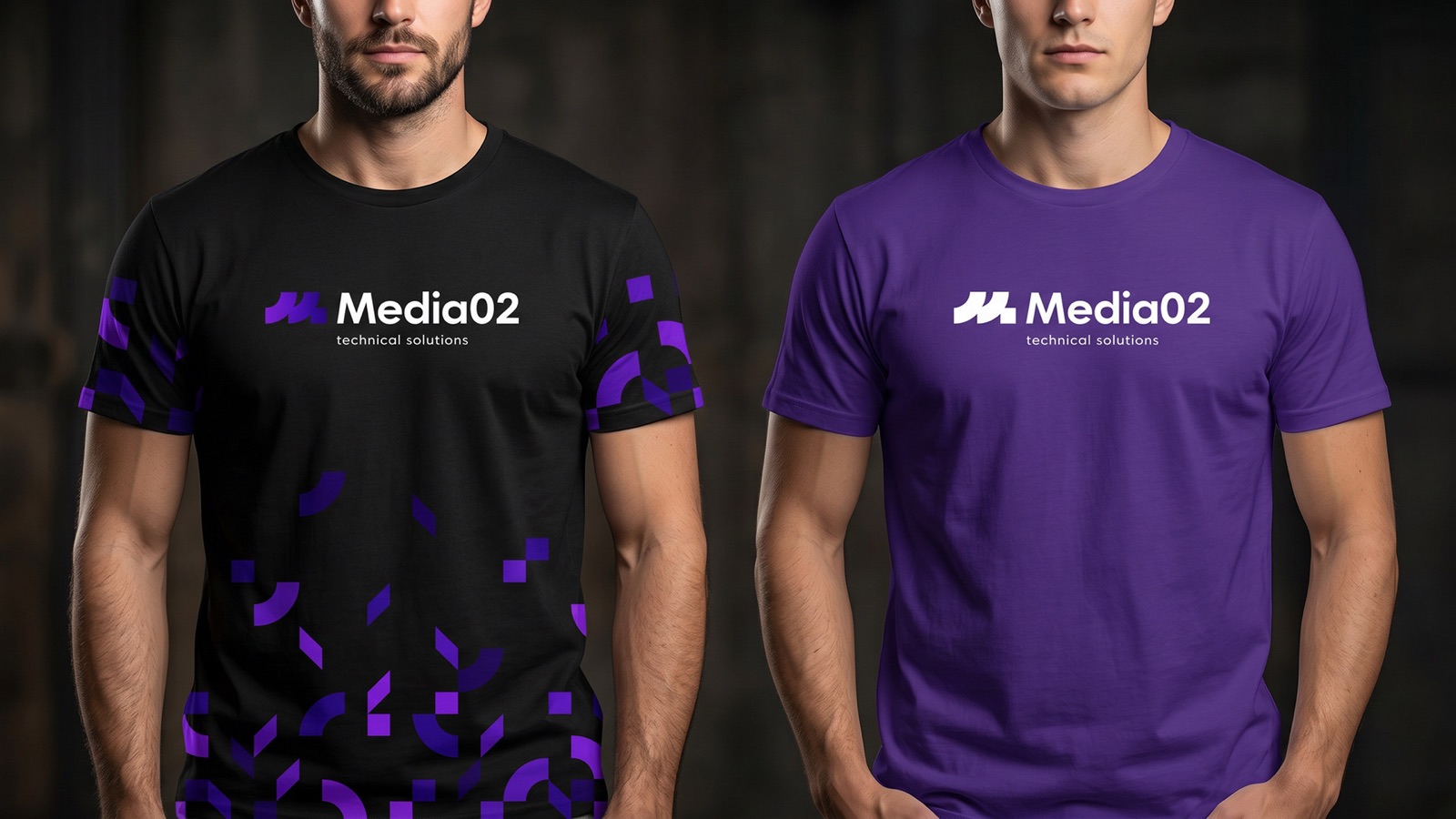 Брендированные футболки Медиа02 чёрного и фиолетового цвета